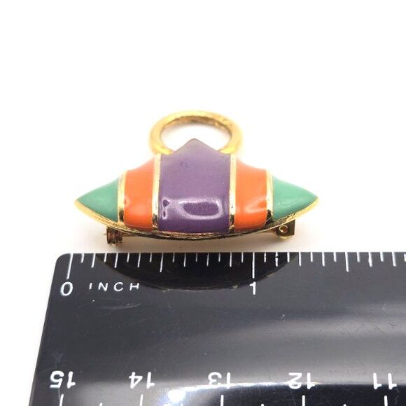 Vintage 1980s M Jent Gold Tone Green Purple Orange Enamel Triangular Brooch Pin - Picture 4 of 4